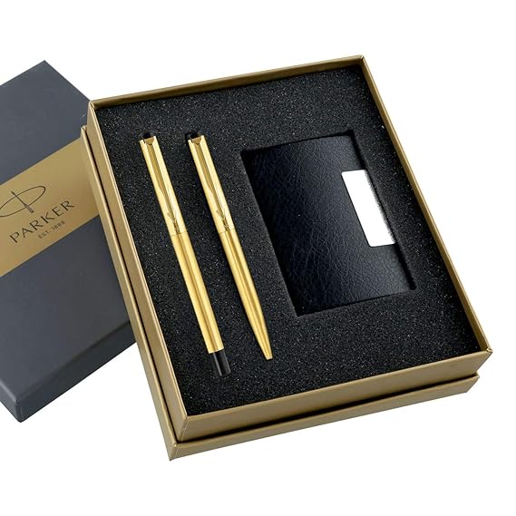 Parker Gift Set - (Parker Vector Gold Roller Ball Pen and Ball Pen With Card Holder)