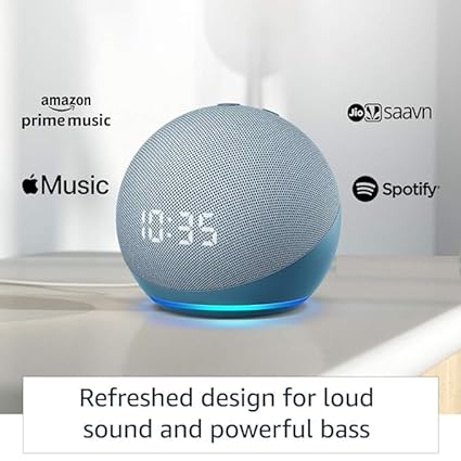 Amazon Echo Dot 4th Gen with clock  Smart speaker with powerful bass, LED display and Alexa (Blue)